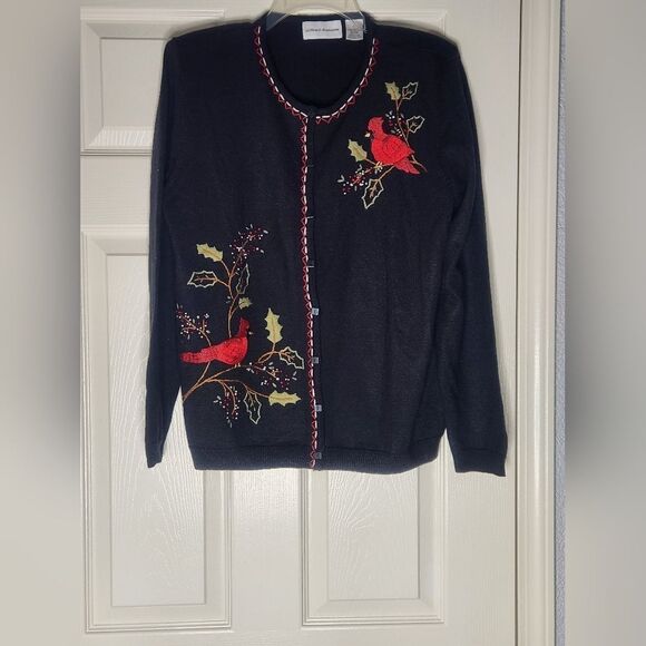 Vtg Alfred Dunner L Black WOOL Blend Embroidered Birds Buttons Up Women Cardigan - Picture 1 of 7